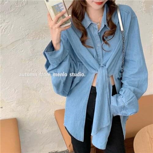 Denim Shirt Women Autumn Winter Hong Kong Style Retro Long Sleeve Loose Shirt Design Long Style Elegant Lady Girl Shirt Fashion