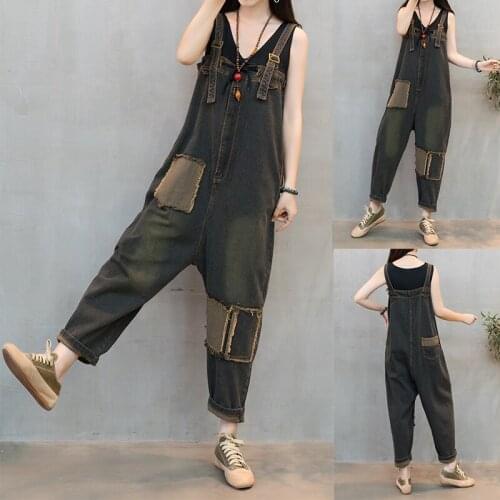 Applique Denim Overalls Womens Summer Loose Plus Size Nine-point Suspenders Jumpsuits Casual Baggy Jumpsuits and Bodysuits