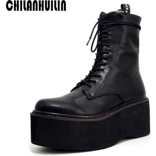 Soft genuine leather elegant cozy ladies ankle boots fashion lace-up autumn winter platform womens wedges outdoor shoes woman