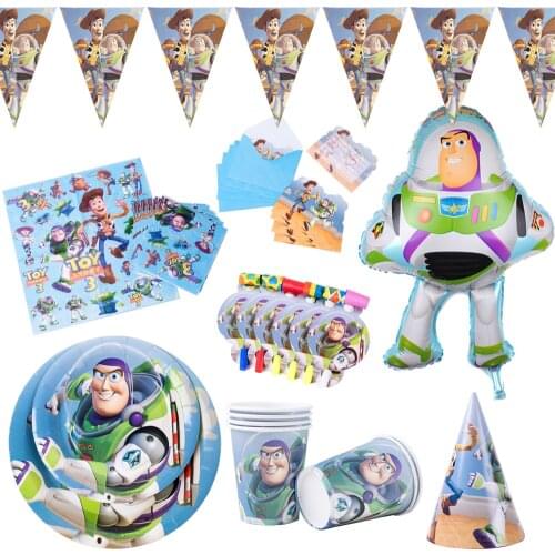 Cartoon Toy Story Buzz Lightyear Theme Party Supplies Paper Napkins Cup Plates Tablecloth Balloon Birthday Decorations Kids Toys