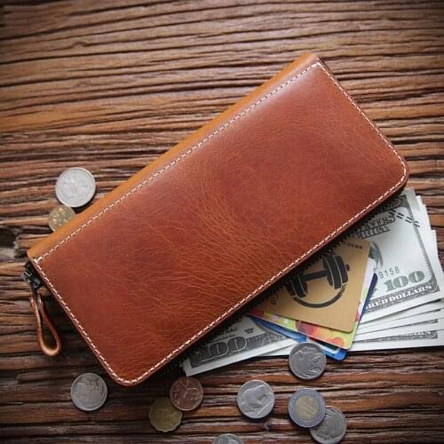 Genuine Leather Wallet For Men Male Vintage Handmade Mens Long Zipper Clutch Wallets Phone Purse With Card Holder Coin Pocket
