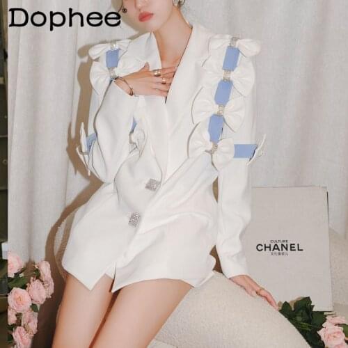 Sweet Bow Heavy Blue Stitching White Suit Temperament Work Wear Loose Slim-Fitting Suit 2021 Autumn New Fashion Womens Clothing