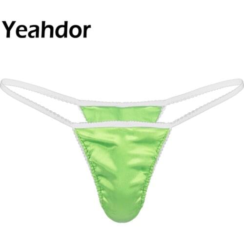 Mens Sissy Smooth Silky Satin Lingerie Thong Low Rise High Cut Front Bulge Pouch T-back G-string Briefs UnderwearNightwear