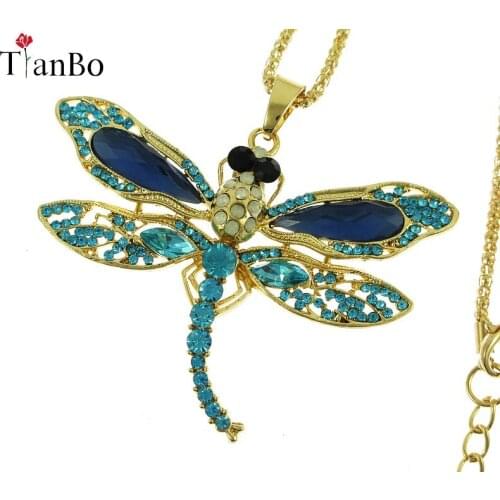 TianBo Vintage Crystal Dragonfly Necklace For Women Collar Dragonfly Pendant Jewelry accessories enamel Sweater Chain Necklaces