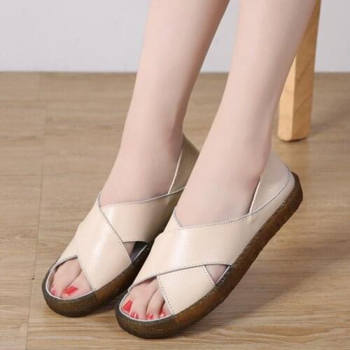 Urbutifo Summer Women Shoes Leather Ladies Sandals Soft Bottom Flat Sandals Plus Size 35-44 Concise Style Peep Toe Women Sandals