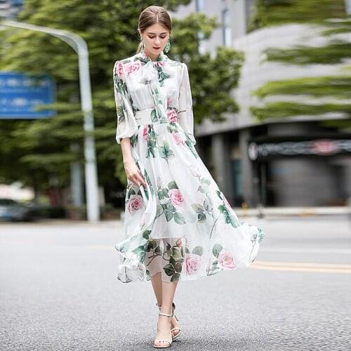 Europe Summer Runway Women Vintage Flower Print Chiffon Dress Female Bow Lace-up Elegant Vacation Party Long Dresses Vestidos