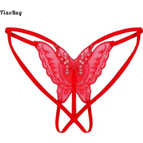 TiaoBug Women Sequined Lace Butterfly T-Back Summer Crotchless G-String Lingerie Underwear Low Waist Open Butt Thongs