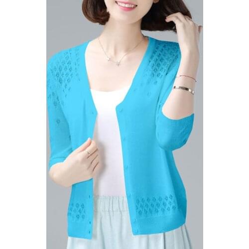 Women 2021 Summer Fashion Short Knit Cardigan Shirts Female Ice Silk Shawl Coat Ladies V-neck Thin Sunscreen Blouses W140
