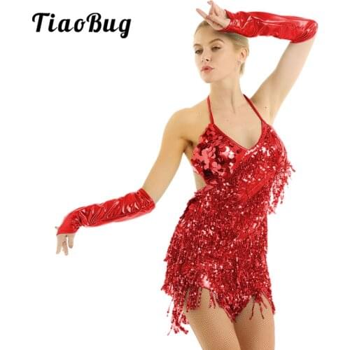 Womens Halter Neck Latin Salsa Tango Ballroom Dance Costume Tassels Sequins Dress