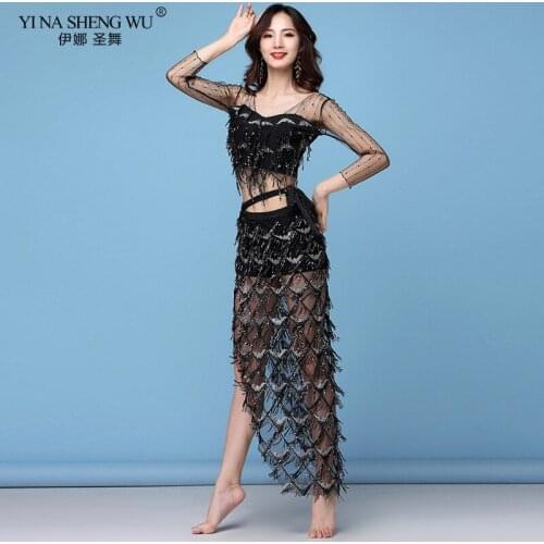 Belly Dance Sequined Top + Hip Scarf Set Sexy Party Costume Tassel Temptation Stage Performance Set New Dance Costume For Women