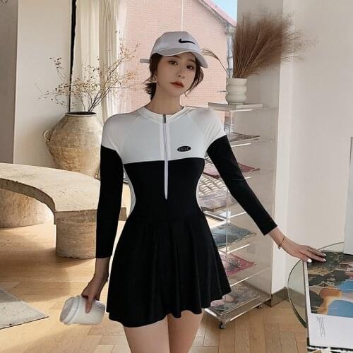 2021 Women One Piece Zipper Swimsuit Sexy Long Sleeves Padded Swimwear Sports Wear Patchwork Beach Surfing Suit Maillot De Bain