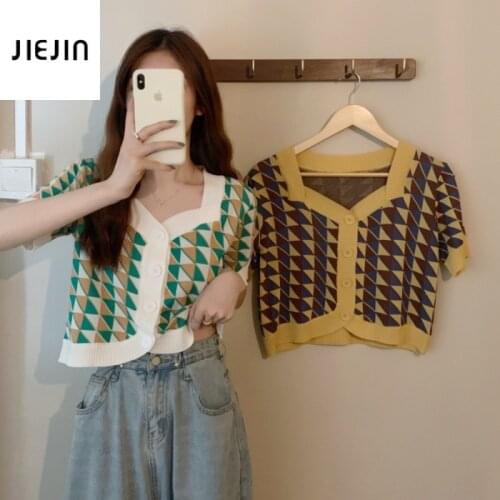 Diamond Lattice Pattern Knitted Cardigan Crop Top Women Korean College White Green 2021 Summer New Sweater Fashion Sweater