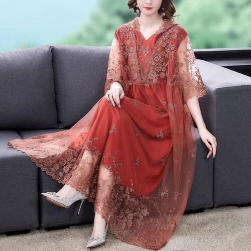 2021 Spring Summer Women Hooded Embroidery Blue Orange Dress , Woman Female 5xl Casual Vintage Dresses with A Hood