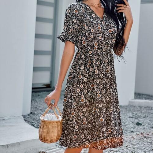 Ladies Vintage V Neck Floral Print Summer Midi Dress Women Slim Casual High Waist Bohemian Dress Vestidos