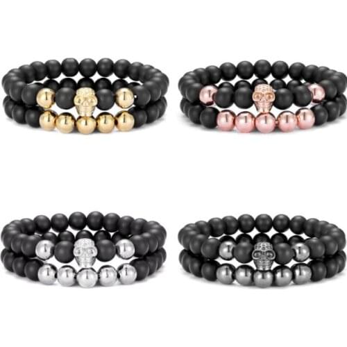2pcs/lot 8mm skull ball gold silver copper cz zircon cubic zirconia beads bohemian Bracelet elastic Stone Bangles 3f33