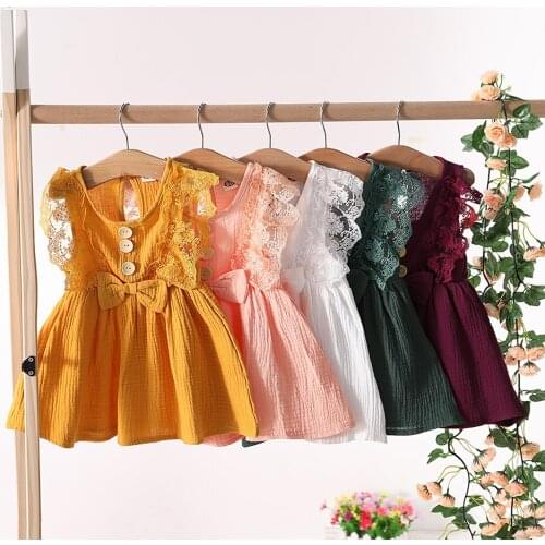 2021 New Baby Flutter-sleeve Solid Dresses for 1-4Y Baby Girl Sleeveless Cotton Dress