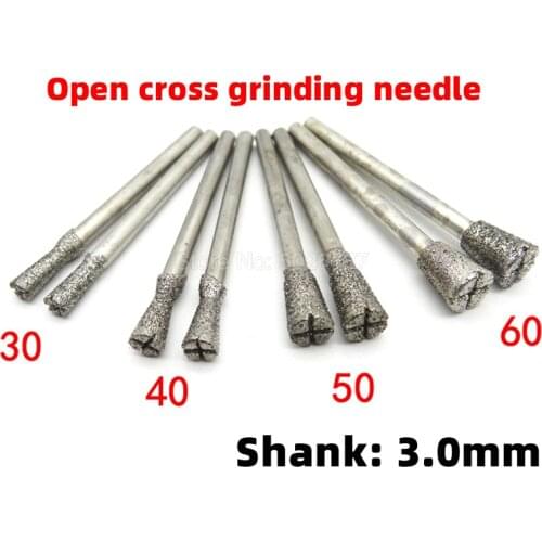 1Pcs Cross Opening 3.0MM Shank Diamond Grinding Head Rotary Drill Bits Burrs Metal Stone Jade Engraving Carving Coated Mounted