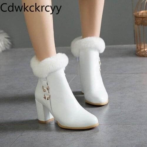 Winter The New Rabbit hair fashion Round head Thick with 8CM Martin boots white Plus velvet Keep warm High heel Women boots