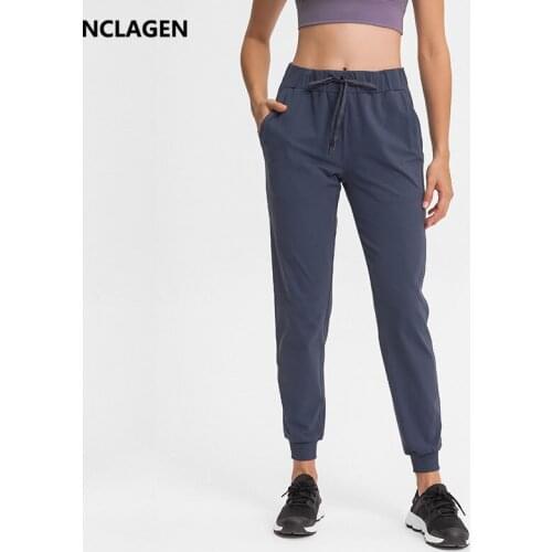 Sport Leisure Trousers Women with Two Side Pocket GYM High Waist Fitness Yoga Pants Waist Drawstring Exercise Workout Sweatpants