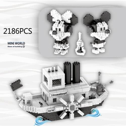 Disney Steamboat Willie nanobrick 1928 cartoon figures micro diamond block black white Minnie Mickey Mouse building brick toys