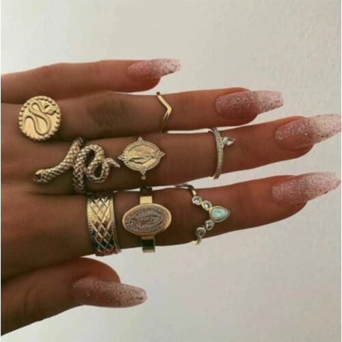 Women Ring Bohemia Snake Coin Profile Ring for Women Gypsy Geometric Carving Knuckle Midi Rings Jewelry 8Pcs/set Birthday Gift