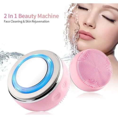 2In 1 Silicone Face Cleaning Brush with EMS LED Light Heating Face Cleanser Massage Electric Skin Scrub Washing Brush