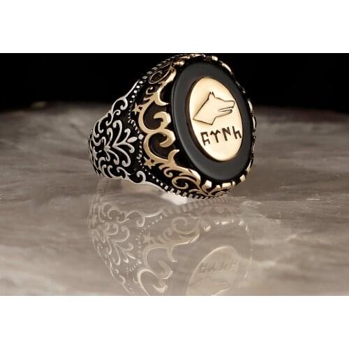 Göktürkçe Turkish Written Gray Wolf MotifliOniks Gemstone 925 Sterling Mens Silver Ring