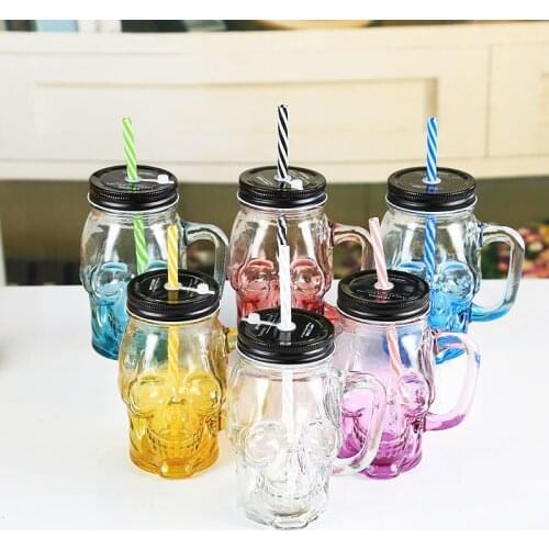 Skull straw mug with lid handle Mason bottle juice drink straw cup gradient creative mug cold drink cup glass jars L31C