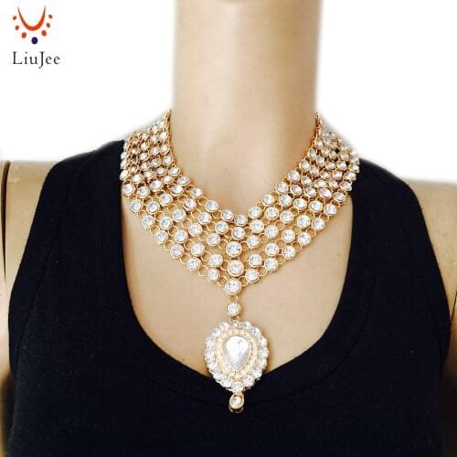 LiuJee Designer Gold Color Bollywood Party wear Kundan Jewelry Necklace Wedding Bridesmaids Party Prom NK-017
