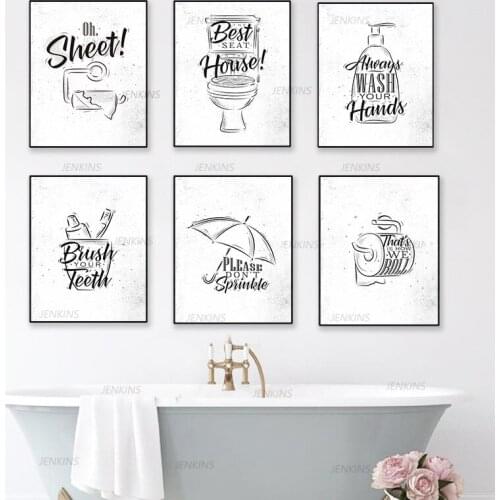 Fashion Black White Washroom Wall Prints Bathroom Wall Decor Canvas Painting Brush Canvas Art Poster Toilet Quote Picture Jenkin