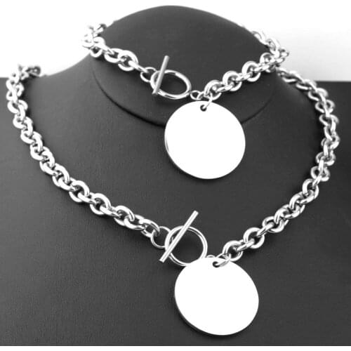 Fashion Jewelry Womens Silver Stainless Steel Silver Rolo Chain Round Medallion Charm Necklace Bracelet Set