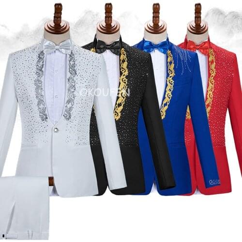 Male Chorus Performance Clothes Men Dresses Singer Host slim suits Men Stand Collar Rhinestone Sequins Blazer Suits