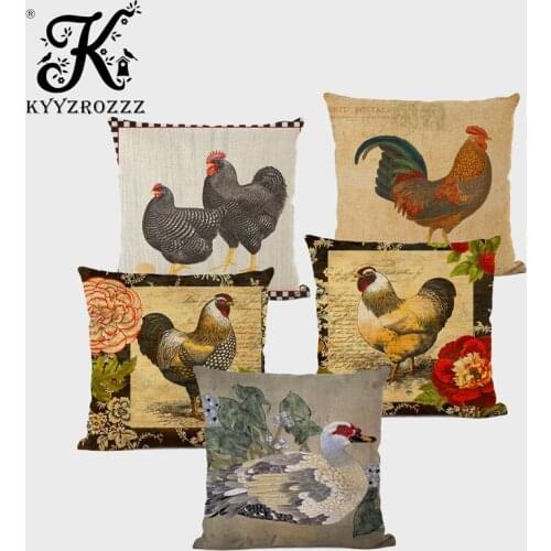 Home Decoration Animal Cushion Set Color Painting Cock Duck Bird Oil Painting Printed Linen Car Sofa Pillowcase 45x45CM