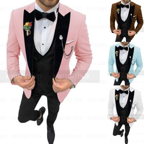 2021 Newest Fashion Red Suit Men 3 Pieces Tailored Slim Fit Groom Wedding Suit Set Peak Lapel White Jacket Black Vest with Pants
