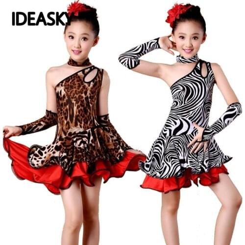 Latin dance children leopard black with salsa sequin dress kids competition dresses costumes skirts girls print kid cha cha