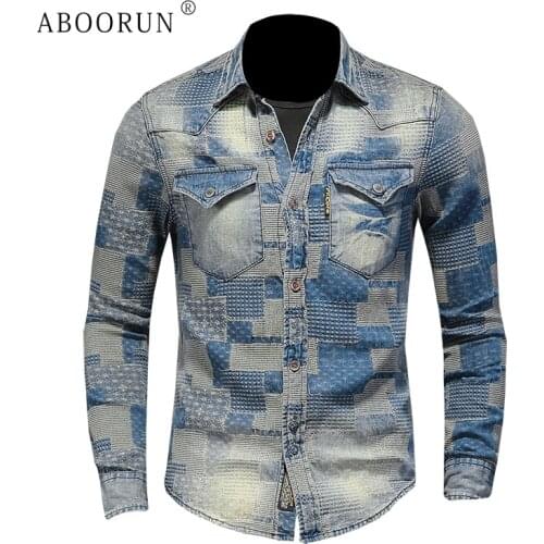 ABOORUN Mens Fashion Denim Shirts Vintage Embroidery Patchwork Denim Shirts Casual Long Sleeve Cotton Shirts for Male