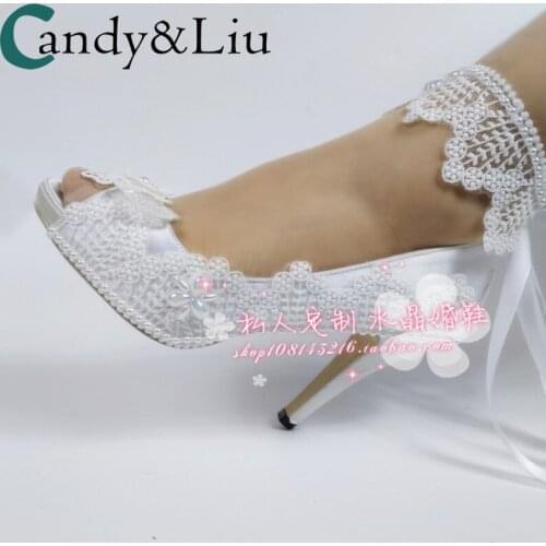 Wedding Shoes Bride Sandals White Lace Flowers Pearls Graceful Higher Heels 3cm Plus Number Size Women Party Shoes