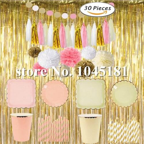 Wedding Party Decorations&Tableware Pink Yellow Foil Gold Fringle Curtain Tassel Garland Paper Pom Poms Paper Plates Cups Straws