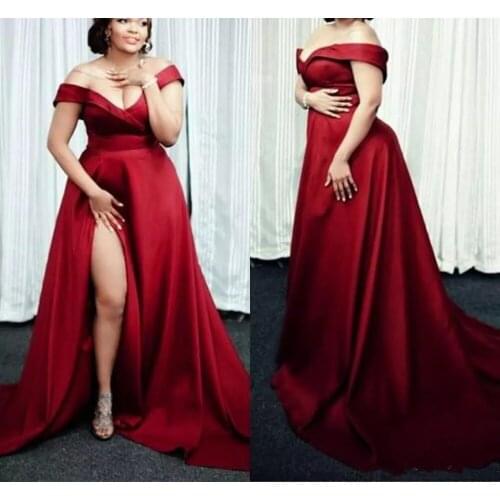 Dark Red Plus Size Evening Dress 2019 Off The Shoulder Split Side Long Simple Prom Dresses Custom Made Pregnant
