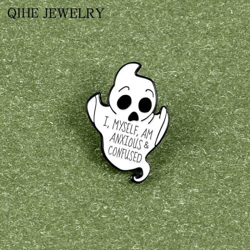 Anxious White Ghost Enamel Pin Alloy Badge Cute Punk Halloween Brooch Backpack Lapel Pins Fashion Jewelry Gift For Women Men