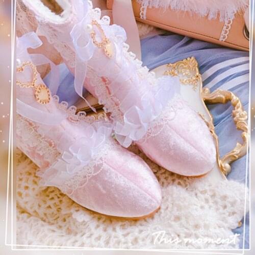 Japanese sweet lolita shoes lace bowknot kawaii girl round head high heel kawaii shoes cosplay loli daily single shoes