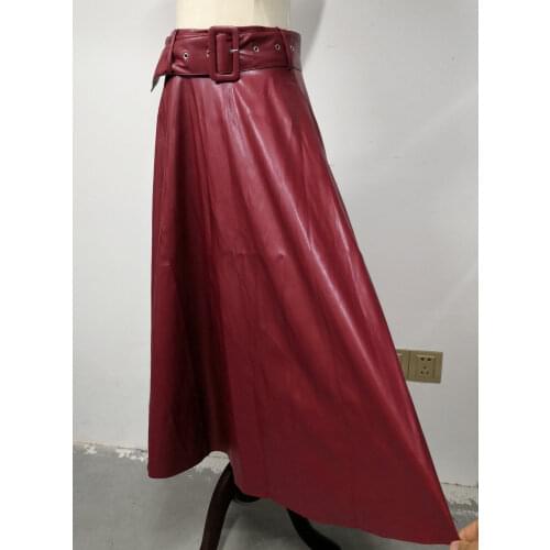 High Waist A-Line Midi Mid-Calf Maxi Long Black Wine Red Belt 2021 New Fashion Women Autumn Winter Pu Faux Leather Skirts Lady