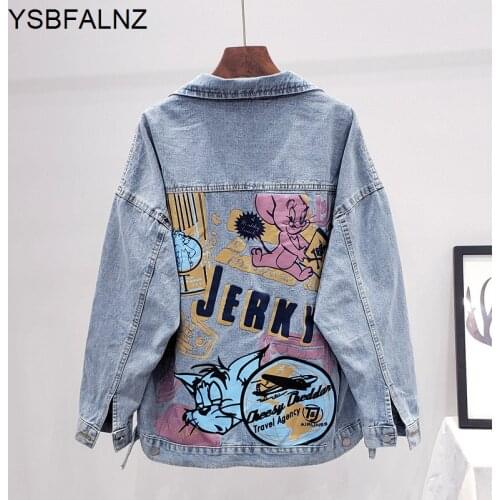 2021 Spring Womens Cartoon Print Denim Jacket Fashion Pocket Long Sleeve Jeans Tops Female High Quality Loose Coat Clothing New