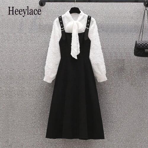 Plus Size Office Ladies Elegant Autumn Two Pieces Set For Women Bow Collar Long Sleeve Blouse And Straps Vest Dresses Suits 4XL