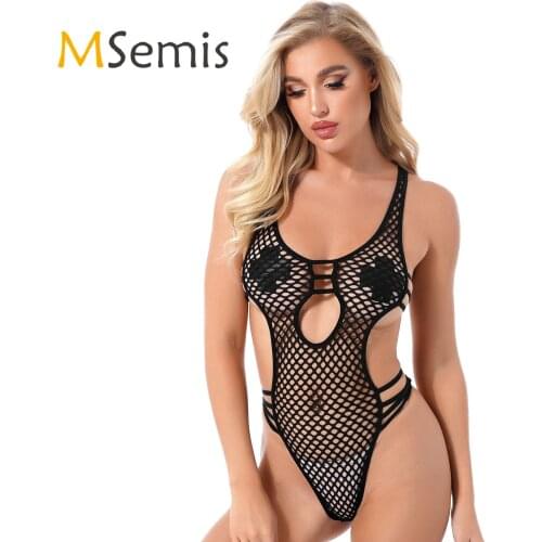 Womens See-through Cutout High Cut Bodysuit Hollow Out Sleeveless Transparent Fishnet Mesh Plunging Neckline Strappy Leotard
