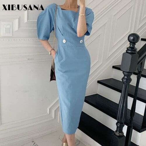 Women Vintage Solid Button Long Dresses 2021 Summer Short Sleeve Squre Collar Dressees Casual Slim Waist Elegant Femme Vestidos