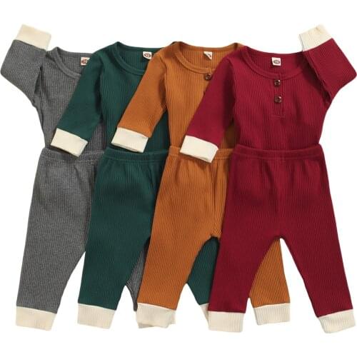 2 Pcs Baby Girls Boys Newborn Color Block Outfits, Toddler Ribbed Long Sleeve Round Neck Pullover + Trousers 0-24M