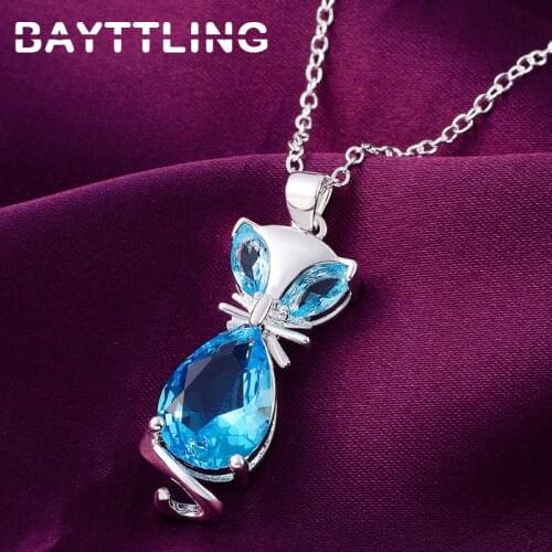 BAYTTLING 925 Sterling Silver 18 Inch Blue Crystal Zircon Cute Fox Pendant Necklace For Woman Luxury Wedding Jewelry Gift