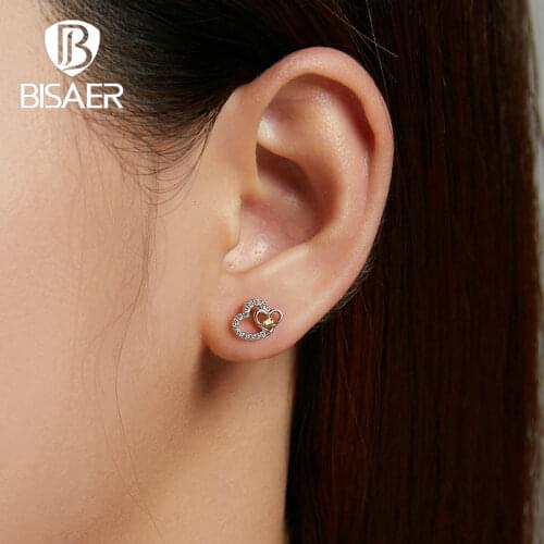 BISAER Sparkling Heart Earrings 925 Sterling Silver Love Heart AAA Zircon Hoop Earrings For Women Fashion Jewelry Brincos EFE528