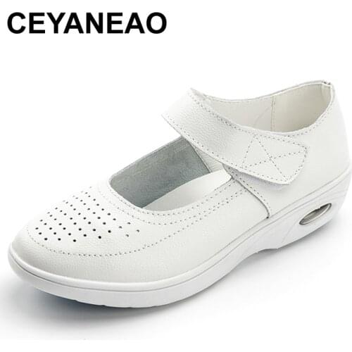 CEYANEAO Women Genuine Leather Platform Nurse Shoe Non Slip Professional Flats Fashion Work Insert Working Casual Soft SoleE1148